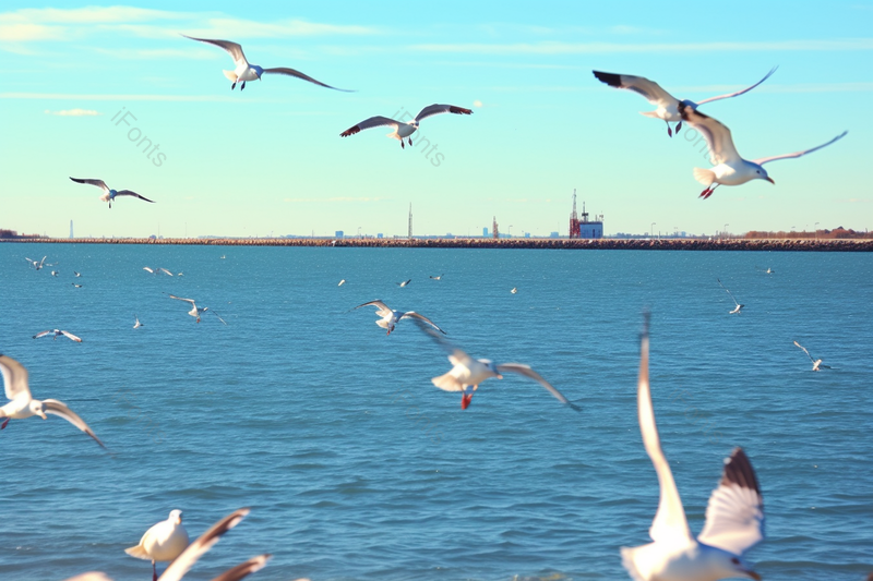 天空和海面上到处飞行着海鸥高清摄影图海边风景,高清,摄影图,摄影图片,图片大全,摄影图免费下载